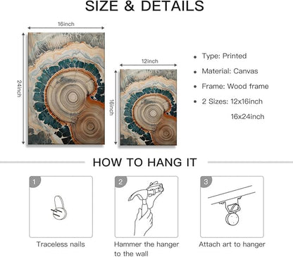 IBHJSART Framed Tree Ring Canvas Wall Art Blue Wall Art Wood Stump Painting Prints Modern Minimalist Pictures Neutral Nature Rustic Farmhouse Decor Living Room Bedroom Bathroom Office