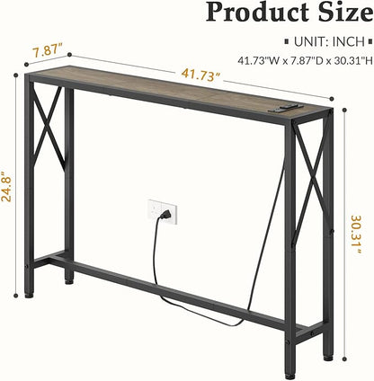 Gewudraw 41.7" Console Table, Narrow Behind The Couch Table with Outlet, Industrial Skinny Sofa Table for Hallway, Entryway, Living Room,Walnut