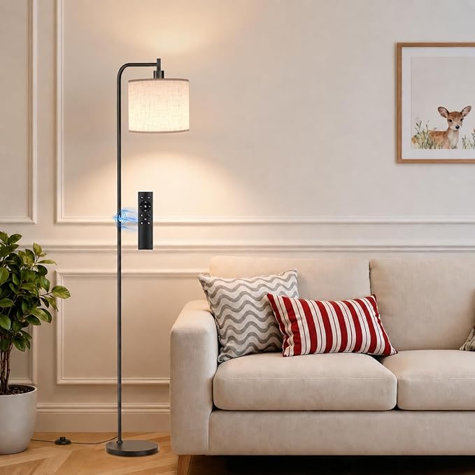 SIBRILLE Floor Lamp with Linen Shade, Dimmable Tall Standing Lamp with Remote Control & 3 Color Temperatures, Modern Corner Floor Lamps for Living Room Bedroom Office, 9W LED Bulb Included