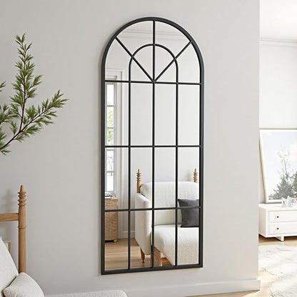 Degfig Arched Full Length Mirror with Grids, 71"X32", Arched Window Pane Wall Mirror, Floor Standing Mirrors, Farmhouse Long Full Body Mirrors Wall Mounted for Living Room, Bedroom, Entryway, Black