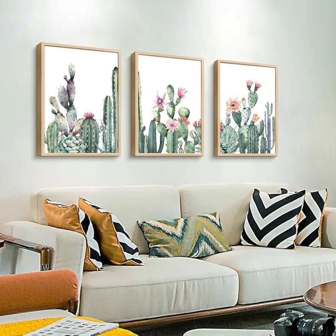 TTHYUEWS Large Boho Wall Art For Living Room Wood Framed Wall Decor For Bedroom Office Wall Art Kitchen Home Decoration Canvas Framed Prints Art Green Cactus Wall Paintings Leaves Pictures Artwork