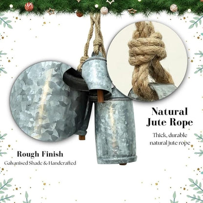 Galvanised Decorative Cow Bells Set of 3 Large Harmony Bells - Vintage Giant Christmas Bells, Cowbells with Jute Rope - XL Hanging Lucky Bells for Farmhouse Decor, Holiday, Home (6"-8"-10")