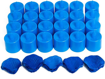 LANKER 500 PCS Blue Artificial Rose Petals with 24 PCS Bright Flickering Blue Flameless LED Tea Lights Candles (Blue Lights with Blue Rose Petals)