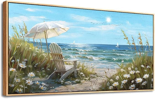 ERQINHUA Large Wall Decor For Living Room Canvas Wall Art For Restaurant Office Decorations Blue Sea Ocean Paintings Beach Chair Wall Pictures Modern Home Decor Ready To Hang Wood Framed 20x40 In