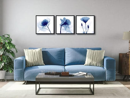 Wieco Art Framed Blue Abstract Flowers 3 Panels Canvas Prints Wall Art Modern Pictures Artwork for Living Room Bedroom Home and Office Decorations with Black Frame