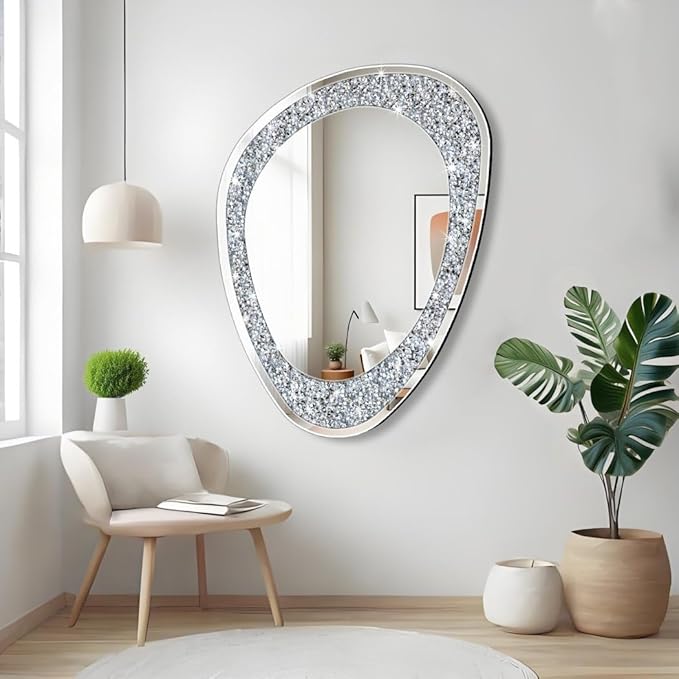 DMDFIRST Modern Irregular Shaped Wall Mirror – 32x23.5 Inch Decorative Oval Diamond Decor Mirror for Living Room, Bedroom, Bathroom, Entryway