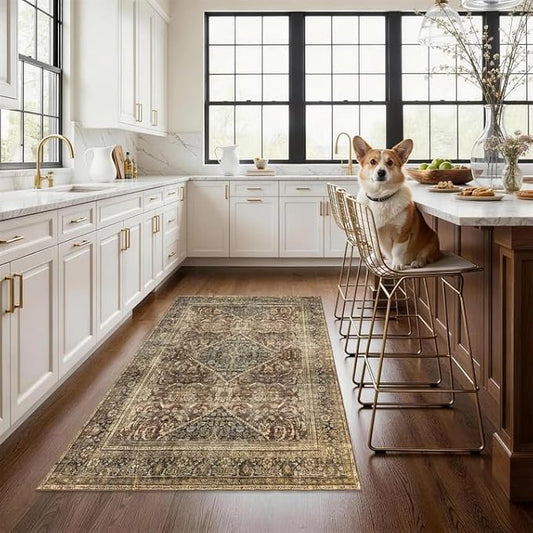 Brown 3x5 Rug Non-Slip: Washable Area Rug for Bedroom Entryway Kitchen Bathroom Indoor - Vintage Home Decor Mat Carpet - Oriental Dark Brown