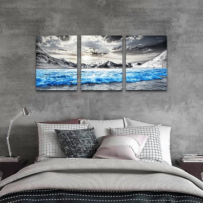 TTHYUEWS Framed Canvas Wall Art For Bedroom Modern Home Decor - 3 Piece Black And White Beach Wall Paintings Blue Ocean Sea Wave Pictures Posters Artwork