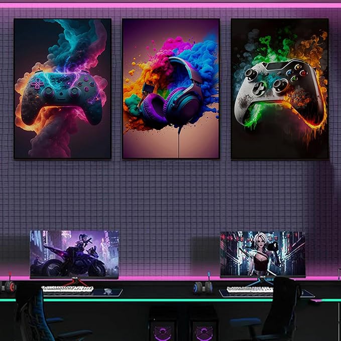 BGFCE Gaming Room Decor - Wall Art Set of 3, Video Gaming Theme, Unframed 12x16in Canvas Posters for Teen Boys Room