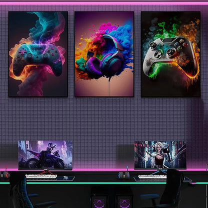 BGFCE Gaming Room Decor - Wall Art Set of 3, Video Gaming Theme, Unframed 12x16in Canvas Posters for Teen Boys Room