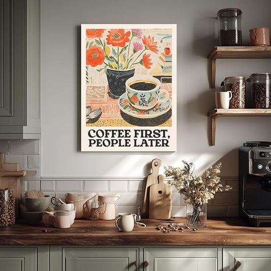 GELDSTEI Framed Retro Coffee Wall Art, Vintage Cafe Wall Decor, Coffee First People Later Canvas Painting, Classical Cafe Bar Poster Print for Kitchen Dining Room Home Office Ready to Hang 12x16 Inch