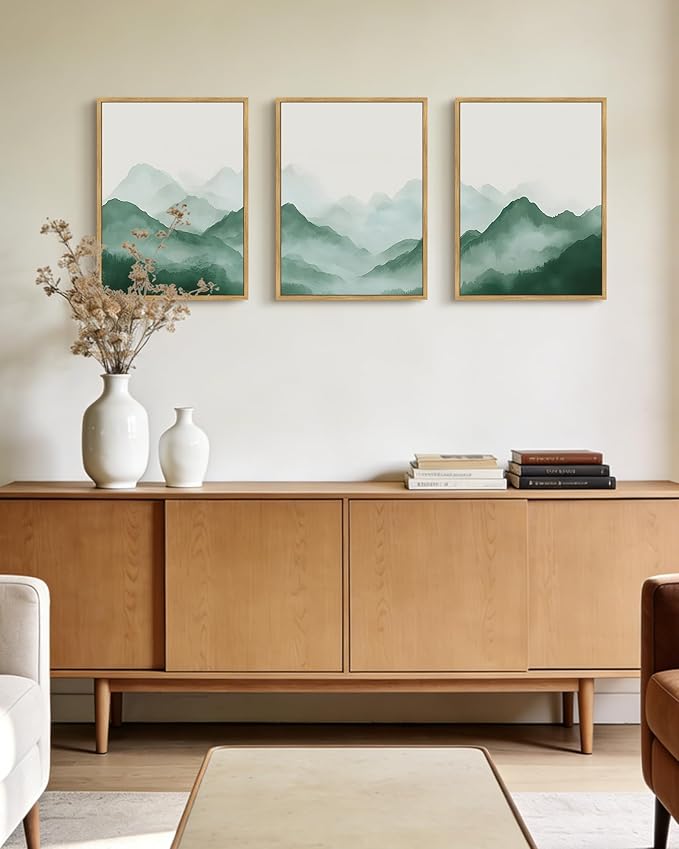 PHOPAGO Green Watercolor Fog Mountains Framed Wall Art Vintage Nature Landscape Artwork Paints Boho Rustic Scenic Room Decor for Dining Room Hallway - 12x16in Natural Framed