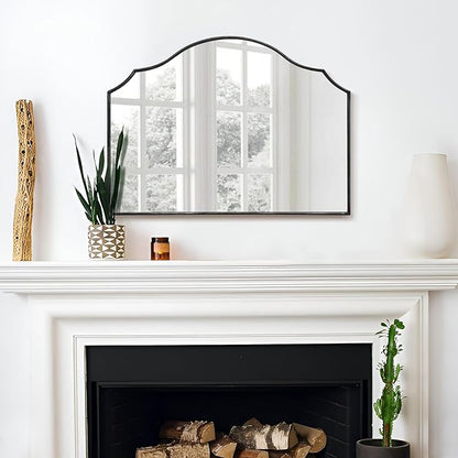 Besdomus Scalloped Arched Mirror for Vanity: 32"x24" Black Modern Minimalist Wooden Wall Mirror - Decorative Dresser Wall for Mantel/Bedroom/Entryway/Hallway - Ideal for 30-60 Age Fashion Women