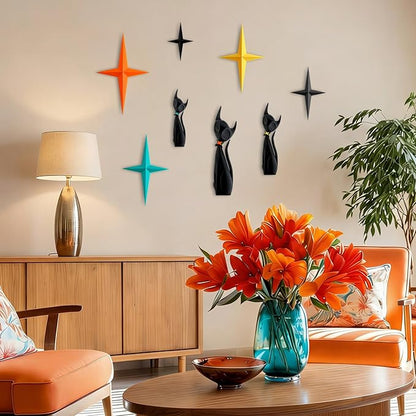 Otoolling 8 Pcs Mid Century Modern Decoration Mcm Retro 3D Atomic Cat Colorful Stars Starburst Wall Art Sculpture for Home Office Living Room Kitchen Bathroom Laundry Room Wall Decor Cat Lovers Gifts