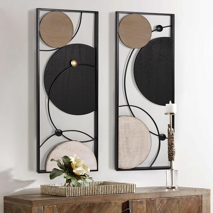 Oakrain 2 PCS Metal Wall Art - 35.4" X 14.1" Abstract Astronomy Wall Decor with Frame - Planet & Orbit Line Minimalist Wall Art Sculpture for Living Room, Office, Bedroom, Study
