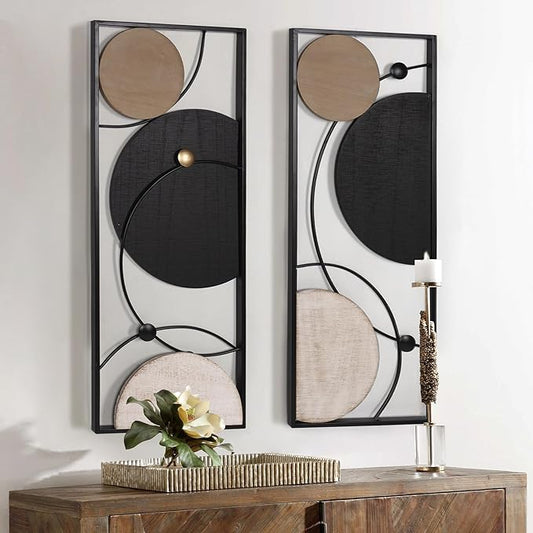 Oakrain 2 PCS Metal Wall Art - 35.4" X 14.1" Abstract Astronomy Wall Decor with Frame - Planet & Orbit Line Minimalist Wall Art Sculpture for Living Room, Office, Bedroom, Study