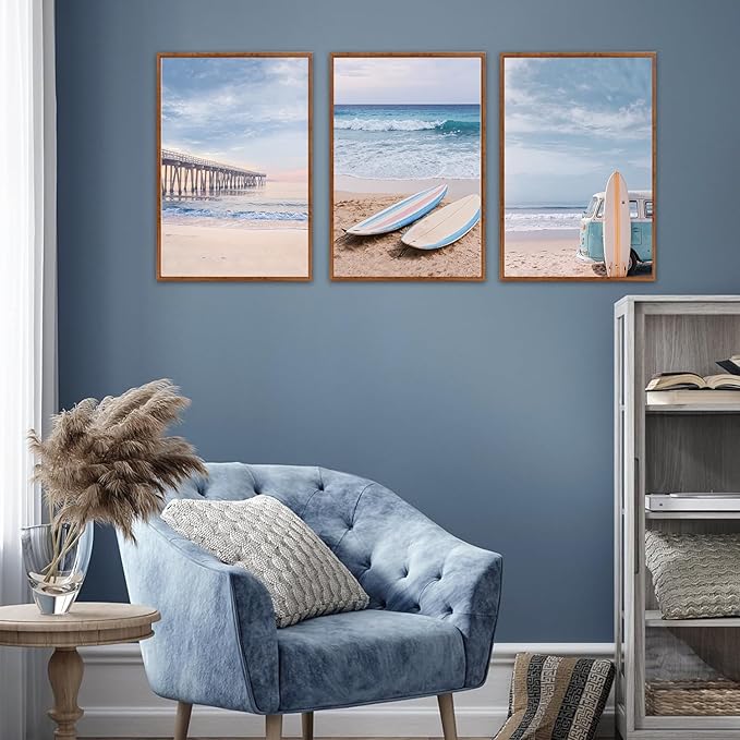 KAlRNE Coastal Seascape Wall Art Set of 3(16”X24”),Modern Ocean Beach Wall Decor,Seaside Holiday Surfboard Framed Canvas Paintings,Vintage Bridge Blue Bus Art Prints For Living Room Bedroom Office