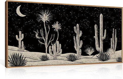 Desert Night Cactus Framed Canvas Wall Art Set,Southwestern Black and White Landscape Wall Decor,Rustic Wooden Mid Century Boho Moon Artwork for Living Room,Bedroom-20 x40