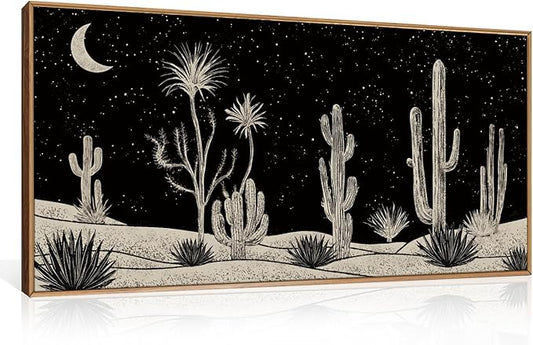 Desert Night Cactus Framed Canvas Wall Art Set,Southwestern Black and White Landscape Wall Decor,Rustic Wooden Mid Century Boho Moon Artwork for Living Room,Bedroom-20 x40
