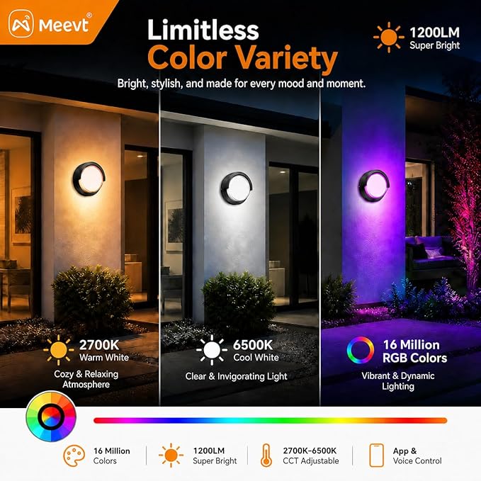 Meevt Smart Outdoor Wall Lights, 1200LM RGBCW Porch Lights, IP65 Waterproof Exterior Wall Sconce, Work with Alexa & Google Assistant, App & Remote Control Wall Lights for Patio, Garage, Round, 1 Pack