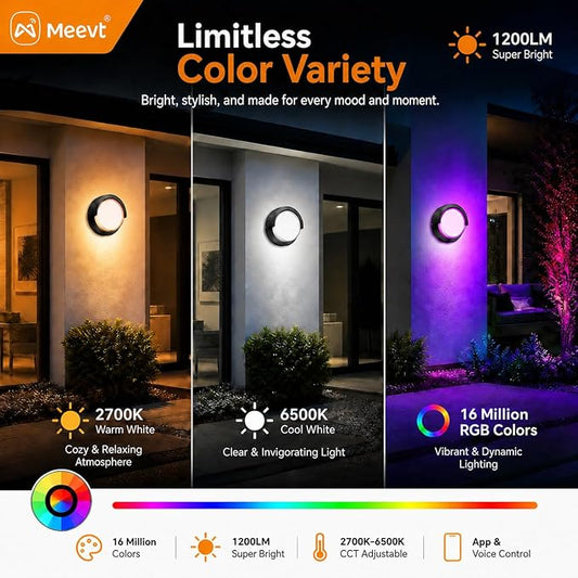 Meevt Smart Outdoor Wall Lights, 1200LM RGBCW Porch Lights, IP65 Waterproof Exterior Wall Sconce, Work with Alexa & Google Assistant, App & Remote Control Wall Lights for Patio, Garage, Round, 2 Pack