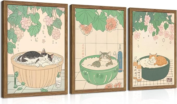 Japanese Cat Bathroom Wall Art Set of 3, Funny Cat in Bathtub Canvas Wall Decor Paintings, Vintage Japandi Cute Animal Aesthetic Poster Prints Pictures for Restroom Bathroom 12x16 Inch Framed