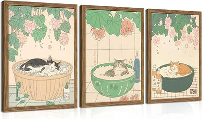 Japanese Cat Bathroom Wall Art Set of 3, Funny Cat in Bathtub Canvas Wall Decor Paintings, Vintage Japandi Cute Animal Aesthetic Poster Prints Pictures for Restroom Bathroom 12x16 Inch Framed