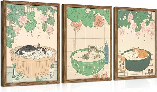 Japanese Cat Bathroom Wall Art Set of 3, Funny Cat in Bathtub Canvas Wall Decor Paintings, Vintage Japandi Cute Animal Aesthetic Poster Prints Pictures for Restroom Bathroom 16x24 Inch Framed
