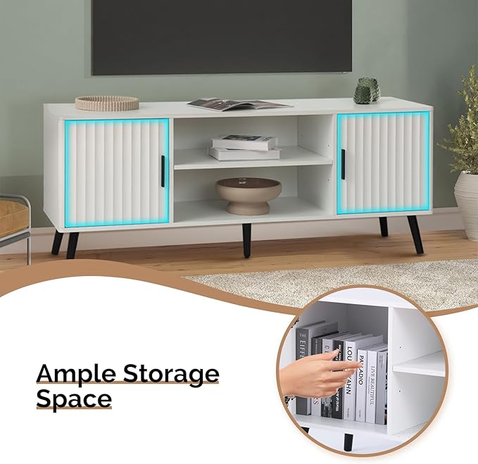 Modern TV Stand for 65 Inch TV, Entertainment Center with 2 Storage Cabinets and Adjustable Shelf, Solid Wood Feet, 4 Cord Holes, Strip Wave Media TV Console Table for Living Room Bedroom (White)