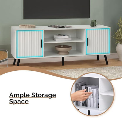 Modern TV Stand for 65 Inch TV, Entertainment Center with 2 Storage Cabinets and Adjustable Shelf, Solid Wood Feet, 4 Cord Holes, Strip Wave Media TV Console Table for Living Room Bedroom (White)
