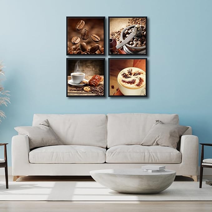 Wieco Art Black Framed 4 Panels Canvas Wall Art Coffee Bean Kitchen Canvas Prints Wall Art for Living Room Decor Bedroom Home Bathroom Wall Decor