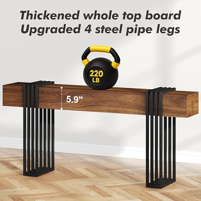 knoworld 71 Inch Long Console Table, Extra Thick Industrial Sofa Table Behind The Couch Rectangular Entryway Table for Entrance Hallway Living Room, Entire top Board & 4-Pipe Legs, Rustic Brown