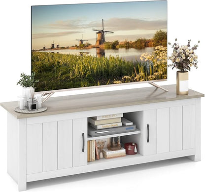 Tangkula 2 Doors TV Stand for TVs up to 65”, 57” Media Console Table w/ 2 Cabinets & Open Shelves, 2 Cable Management Holes. Wood Entertainment Center Cabinet for Living Room (White Oak)