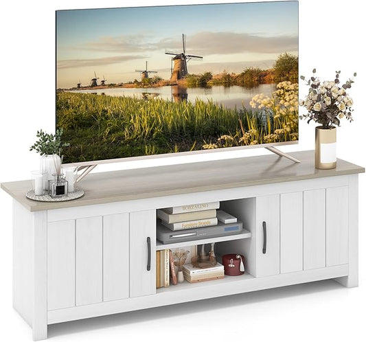 Tangkula 2 Doors TV Stand for TVs up to 65”, 57” Media Console Table w/ 2 Cabinets & Open Shelves, 2 Cable Management Holes. Wood Entertainment Center Cabinet for Living Room (White Oak)