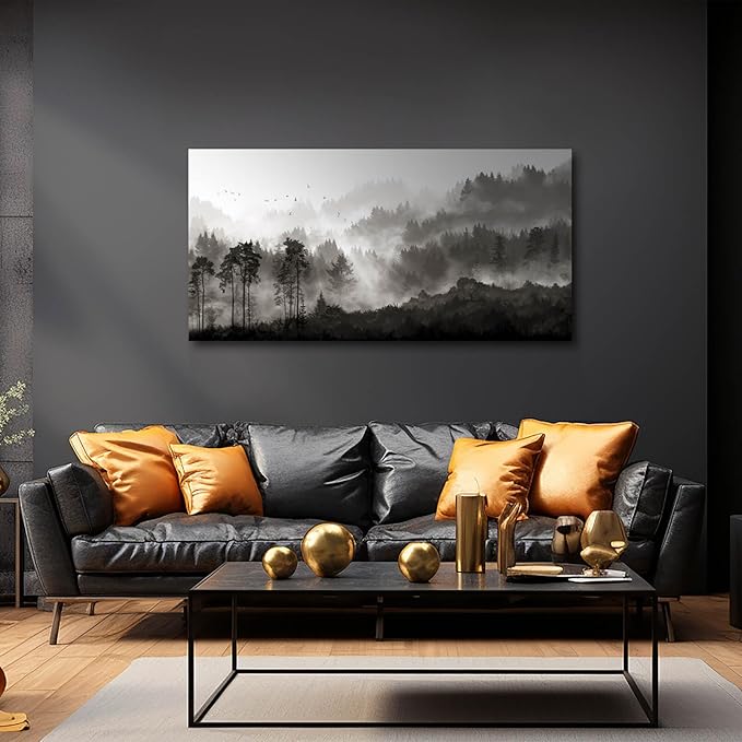 YJYart Landscape Wall Art Black Forest Tree Painting for Bedroom Living Room Kitchen Office Well Decoration Ready to Hang 24x48 Inches