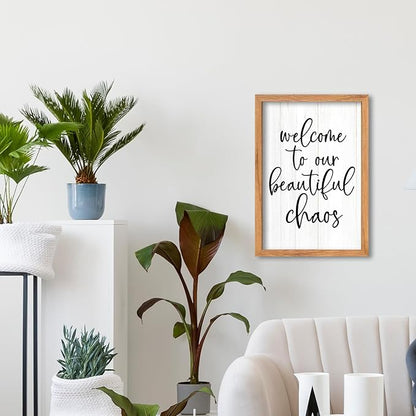 AuraPeak Welcome To Our Beautiful Chaos Sign Home Living Room Wall Decor Modern Family Rustic Farmhouse House Entryway Bedroom Hanging Horizontal Plaque Wall Art (Wood 16"×11")
