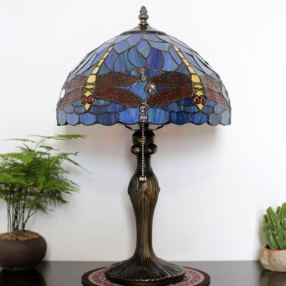 Tiffany Lamp Stained Glass Table Lamp 12 x 19” Bedside Reading Lamp Blue Dragonfly Style Decorative Lamp for Desk Living Room Bedroom Office Study Light Decor Gift