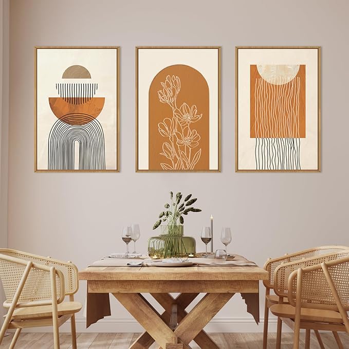 ANHUIB Large Boho Canvas Wall Art,Abstract Geometric Framed Wall Decor,Mid Century Modern Artwork,3 Piece 24x36In Beige Orange Painting for Living Room Bedroom,Office