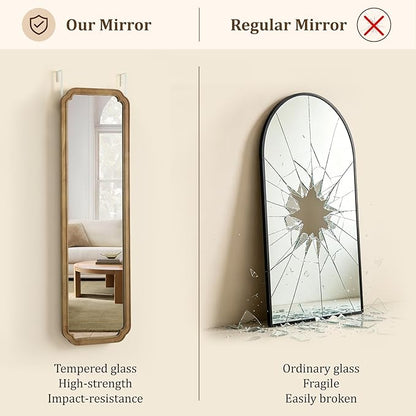 WallBeyond 48" x 14" Full Length Door Mirror with Rustic Rounded Corner Wood Frame, Over the Door Hanging Mirror for Bedroom, Closet, Dressing Area and Entryway, Natural