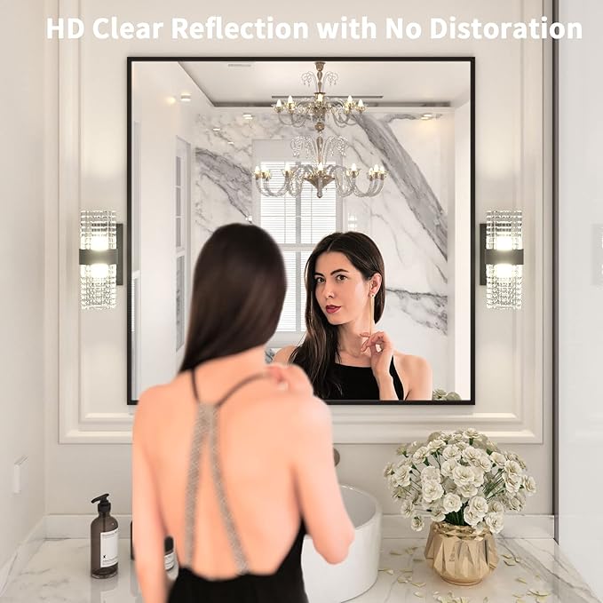 LOAAO 36"X36" Black Rectangle Bathroom Mirror Wall, Matte Black Aluminum Alloy Frame, Tempered Glass, Hangs Vertically or Horizontally, Easy to Install