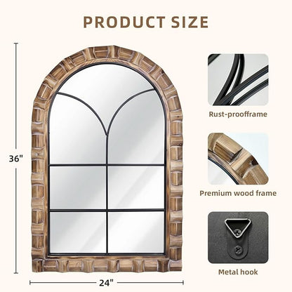 36x24 Inch Arched Window Pane Wall Mirror - Rustic Farmhouse Solid Wood Decorative Mirror for for Living Room, Bedroom, Entryway & Bathroom