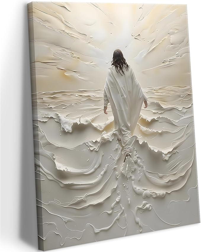 Abstract Jesus Walking on Water Canvas Wall Art Christian Spiritual Wall Decor Pictures Divine Light Modern Religious Posters Prints for Living Room Bedroom Prayer Room Home Decor 12x16 In canvas