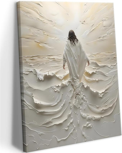 Abstract Jesus Walking on Water Canvas Wall Art Christian Spiritual Wall Decor Pictures Divine Light Modern Religious Posters Prints for Living Room Bedroom Prayer Room Home Decor 12x16 In canvas