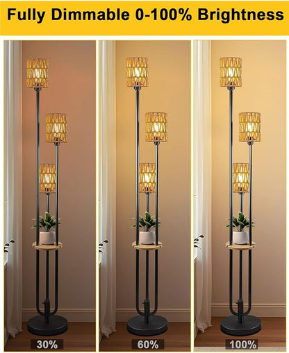 63IN Dimmable Floor Lamp with Shelf, Black Rattan Tall Standing Lamps Candle Holder Style, 3000K Warmwhite Mid Century Modern Floor Lamp with 5Lbs Heavy Base for Living Room (Bulbs Included)