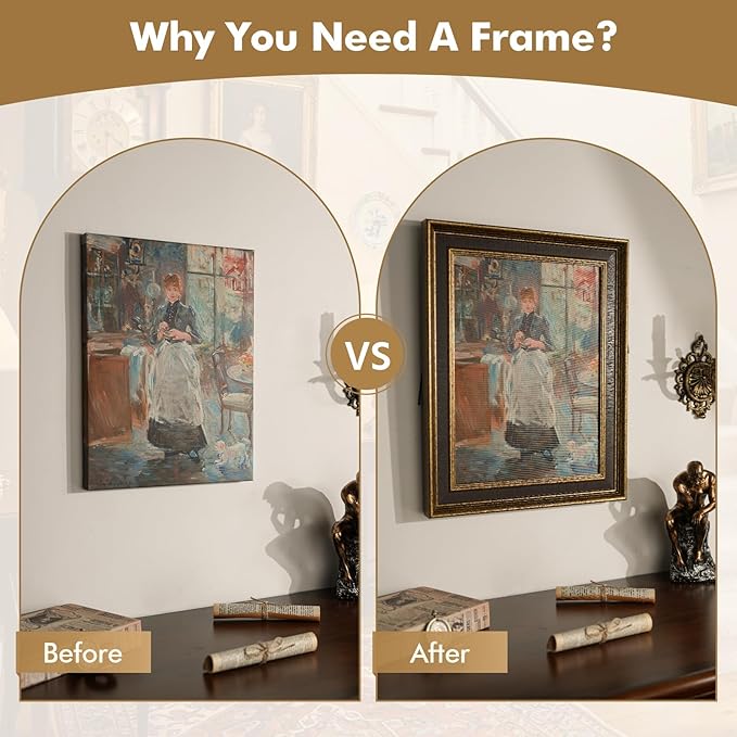 FOLKOR Plein Air Frame for 18x24 Vintage Wall Art Prints, No Cover & Back, Mid-century Canvas Frames with 2.2" Width for French Countryside Still Life Paintings Hallway Guest Room Decor (Brown Gold)