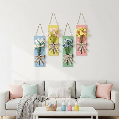 Suncalla 4 Pcs Pastel Daisy Wall Decor Colorful Wooden Summer Artificial Floral Bathroom Wall Art for Living Room, Bedroom, Office Dining Room Decor