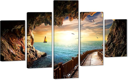 Beautiful Landscape Sunset Seagulls Stone Scene Picture Seascape Modern Pictures Painting on Canvas 5 Panel Combination Enlarge for Wall Art Living Room Home Decor Framed Stretched (60''W x 40''H)