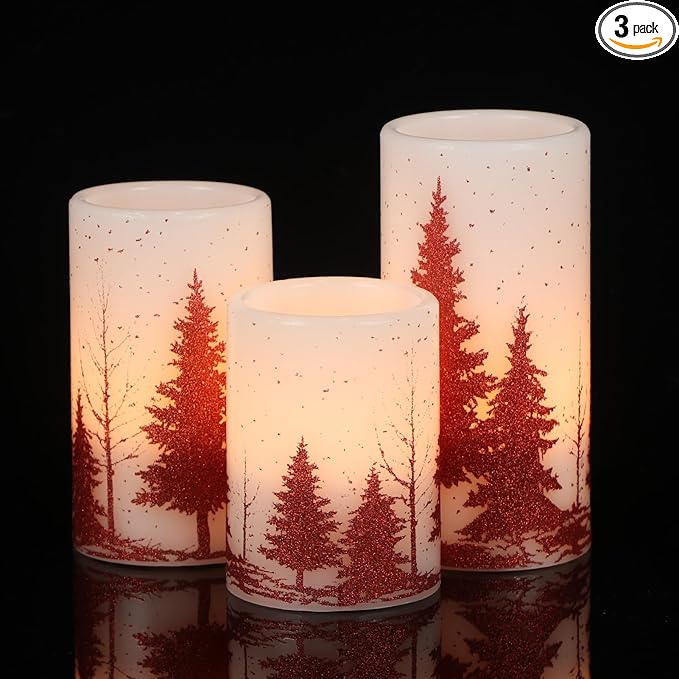 Christmas Tree Flameless Flickering Candles Battery Operated with 6H Timer, 3 Pack Real Wax Warm Light LED Pillar Candles Dinner Tabletop Holiday Centerpiece Decor 3" x 6"