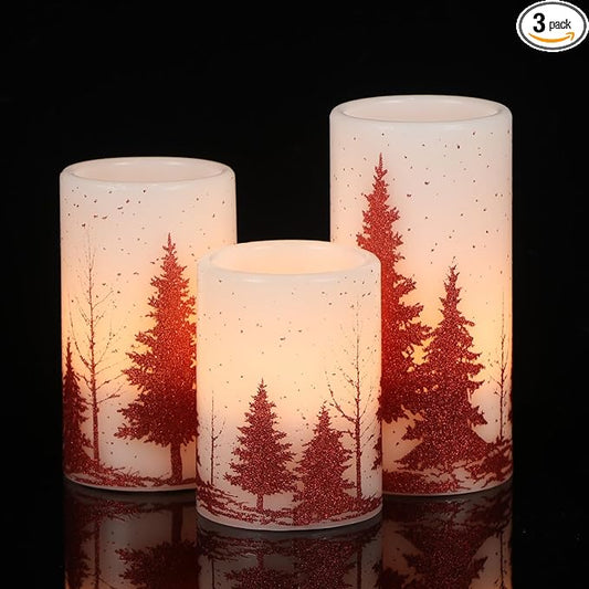 Christmas Tree Flameless Flickering Candles Battery Operated with 6H Timer, 3 Pack Real Wax Warm Light LED Pillar Candles Dinner Tabletop Holiday Centerpiece Decor 3" x 6"