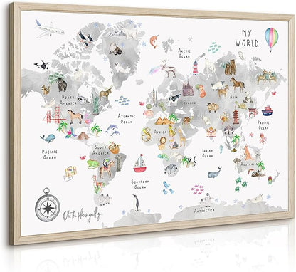 Joocrise Grey Kids World Map Wall Art Animal Map Canvas Wall Art Nursery Wall Decor World Map Poster Childrens Room Decor Playroom Prints Educational Artwork 16x24 Inch Wood Frame